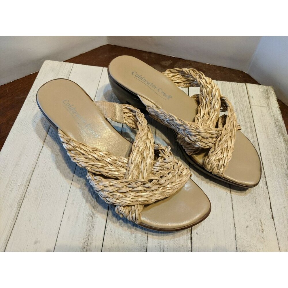 COLDWATER CREEK Size 8.5 Brown Tan Weave Braided Slip On Sandals Shoes Heels